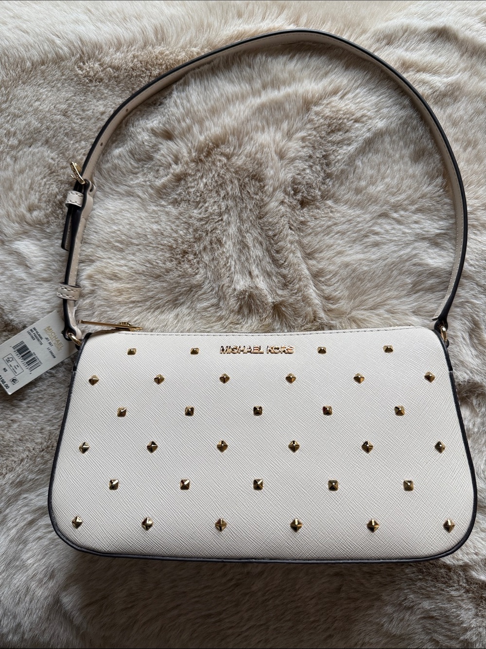 Michael Kors Cream Studded Saffiano Shoulder Bag with Gold Hardware